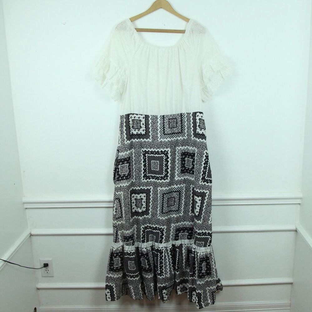 Vintage 70s Maxi Dress Prairie Eyelet Milkmaid Ruffle Cottagecore Patchwork M L